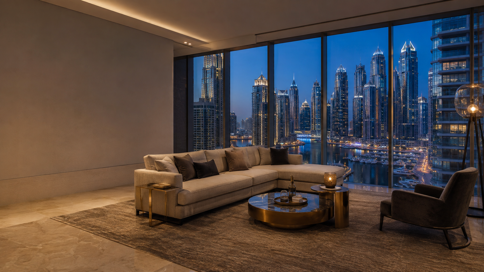 Illustrative waterfront apartment interior at blue hour
